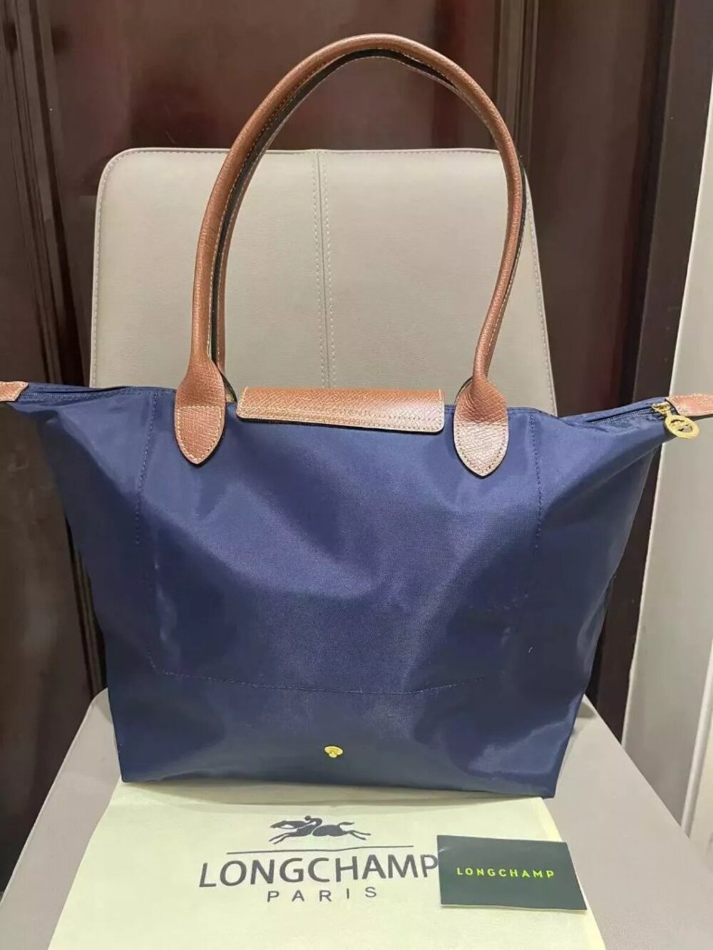 Longchamp Navy Blue Nylon Tote with Brown Leather Trim - Picture 2 of 10
